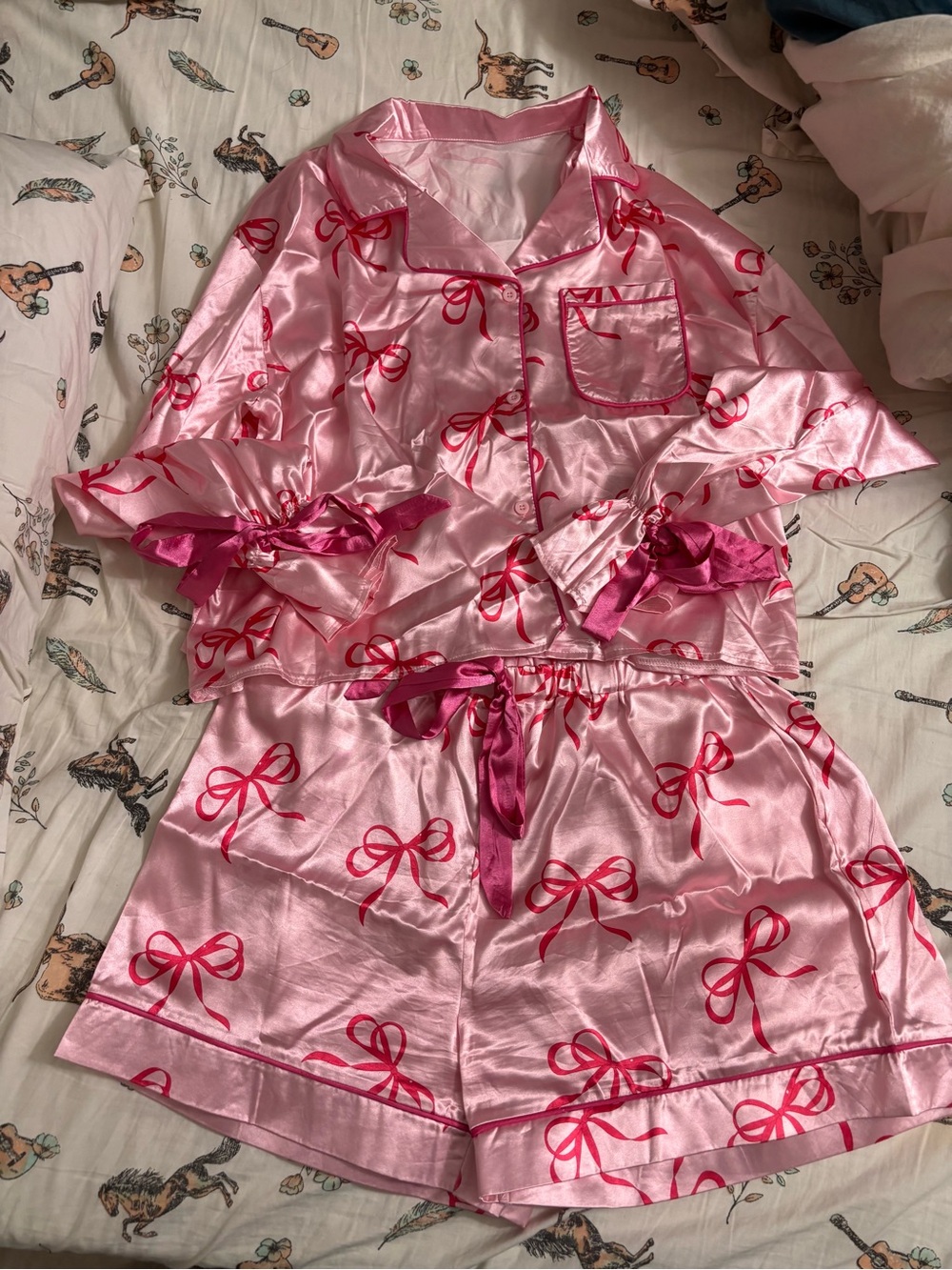 Women's Pink Satin Bow-Print Pajama Set